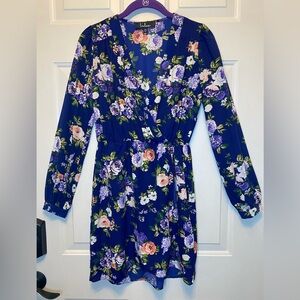 Lulus Navy Floral Long Sleeve Faux Wrap Dress Sz XS - Wedding guest or event